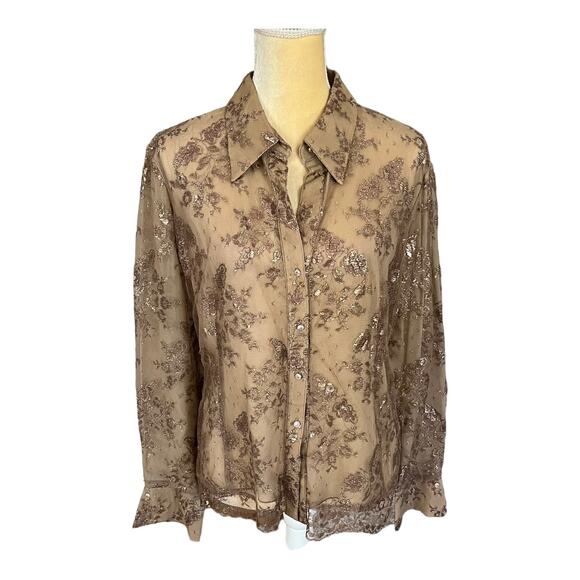 Dina Bar-El Vintage Gold Taupe Sheer Lace Blouse Top Size Large - Picture 1 of 10
